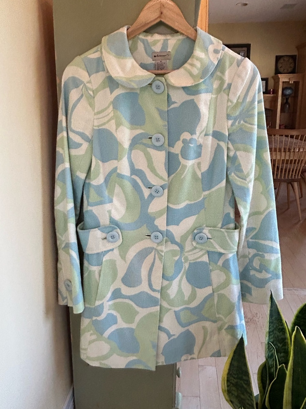Elevenses Anthropologie Retro Print Cotton Peter Pan Collar Trench Coat Size 6
